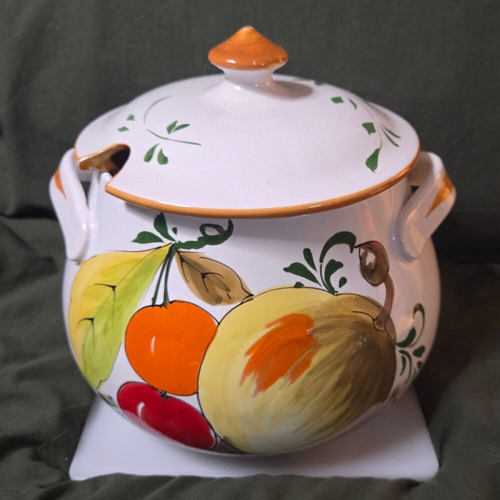 Vintage Italian Hand Painted Fruit Soup Tureen Lidded Centerpiece Made in Italy